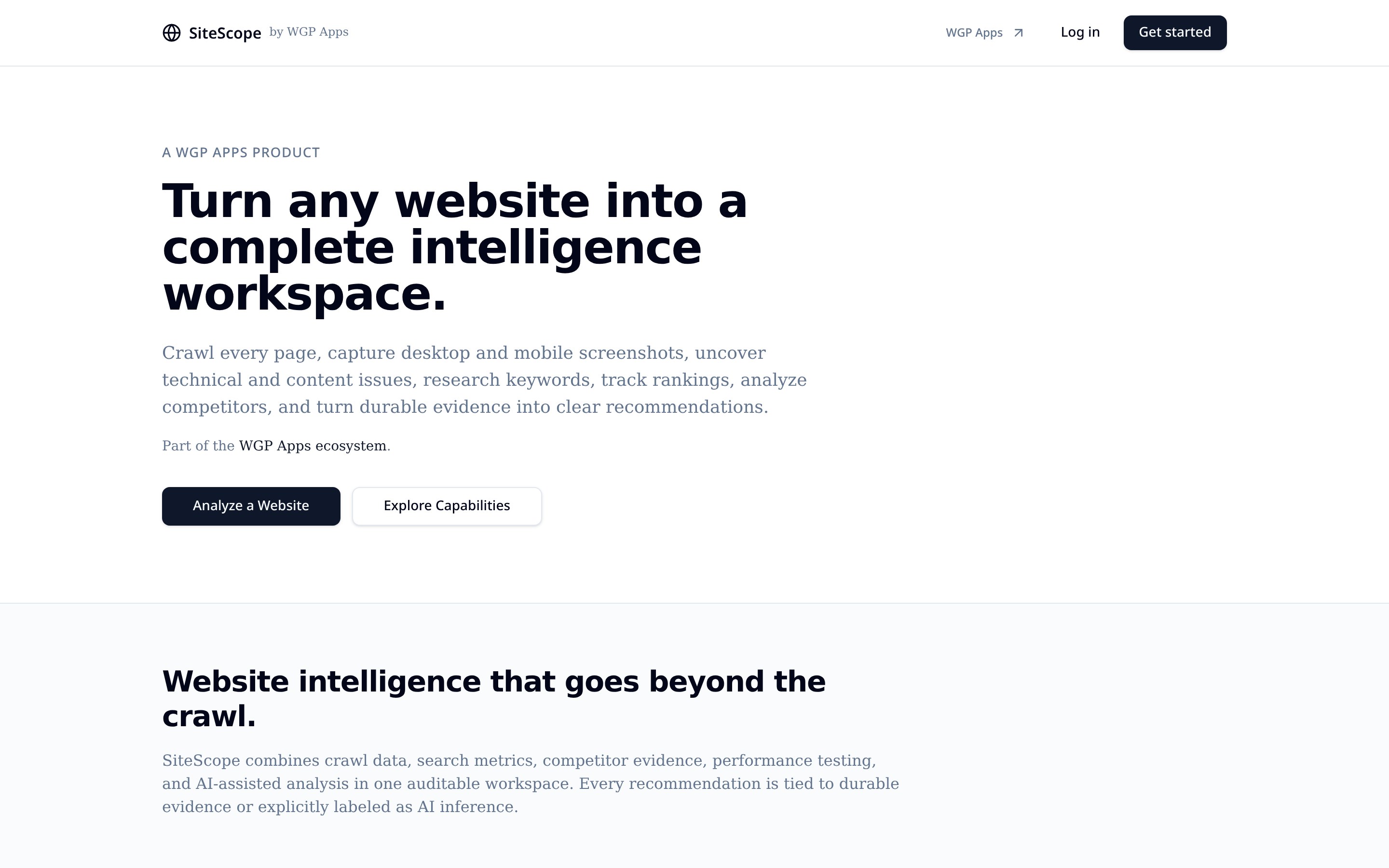 SiteScope website homepage — a WGP Apps product for website crawling and SEO review